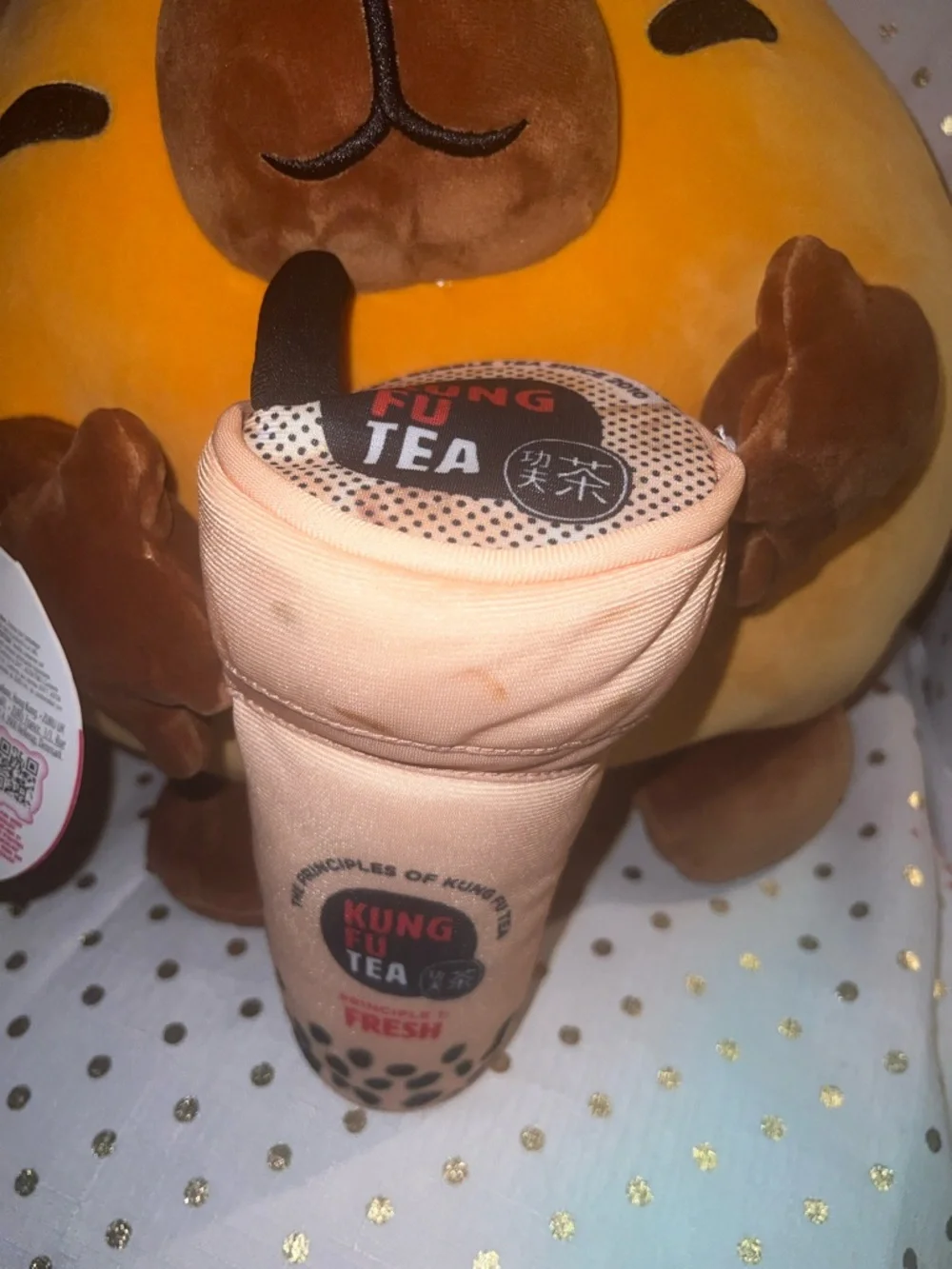 Capibara Kung Fu Tea Plush with Peach Bubble Tea Accessory - Brown/Orange